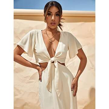 COZYEASE Women's Short Sleeve Maxi Dress Tie Front Split Hem A Line Dress Summer Casual Beige M