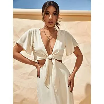 COZYEASE Women's Short Sleeve Maxi Dress Tie Front Split Hem A Line Dress Summer Casual Beige M