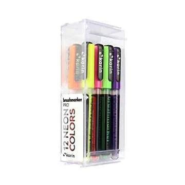 Karin Brushmarker Pro 12pc Neon brush tip markers Set, Blendable, Water-Based, Professional Grade Brush Markers for Adults and Artists, 12 Neon Colors, Adult Markers for Coloring Books and more