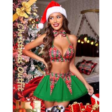 Avidlove Sexy Christmas Lingerie for Women Holiday Outfits Plaid Bra and Skirt Santa Sleepwear with Bow Tie