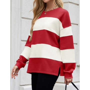 ZESICA Women's Fall Striped Fleece Oversized Sweatshirt