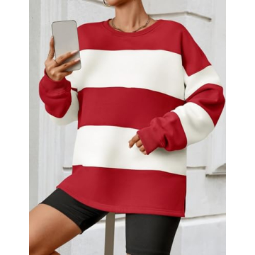 ZESICA Women's Fall Striped Fleece Oversized Sweatshirt