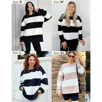 ZESICA Women's Fall Striped Fleece Oversized Sweatshirt