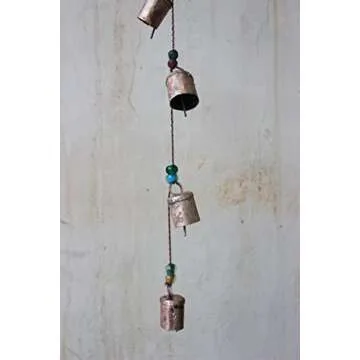 Mango Gifts Decorative String of 7 Metal Vintage Indian Style Wall Hanging Rustic Cow Bells with Multicolour Glass Beads, 65 cm Height, Boho Home Decorative Hanging Ornaments.