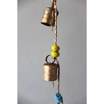 Mango Gifts Decorative String of 7 Metal Vintage Indian Style Wall Hanging Rustic Cow Bells with Multicolour Glass Beads, 65 cm Height, Boho Home Decorative Hanging Ornaments.