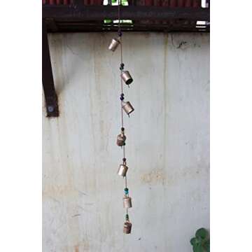 Mango Gifts Decorative String of 7 Metal Vintage Indian Style Wall Hanging Rustic Cow Bells with Multicolour Glass Beads, 65 cm Height, Boho Home Decorative Hanging Ornaments.