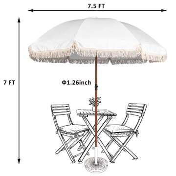 Funsite 7.5Ft Patio Beach Umbrella with Fringe, Tassel Umbrella UPF50+ with Push Botton Tilt & Crank, Holiday Outdoor Umbrella with Carry Bag Ideal for Garden, Lawn, Deck, Yard&Pool, White