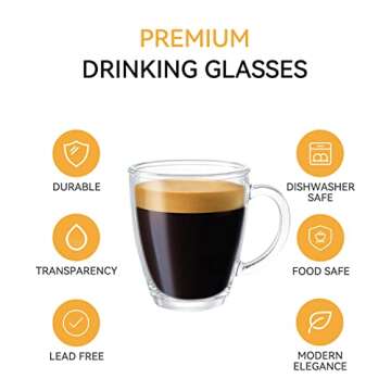 D.M DESIGN·MASTER [6 PACK,12 OZ] - Premium Glass Coffee Mugs with Handle. Transparent Tea Glasses for Hot/Cold Beverages, Perfect Design for Americano, Cappuccino, Tea and Beverage.