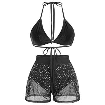 Women's Mesh Sheer Sparkle Rhinestone Bikini Sets Halter Bikini Bra Top High Waist Shorts Bottom Bathing Suit Rave Outfits Black X-Large