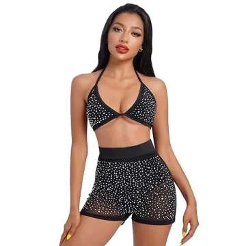 Women's Mesh Sheer Sparkle Rhinestone Bikini Sets Halter Bikini Bra Top High Waist Shorts Bottom Bathing Suit Rave Outfits Black X-Large