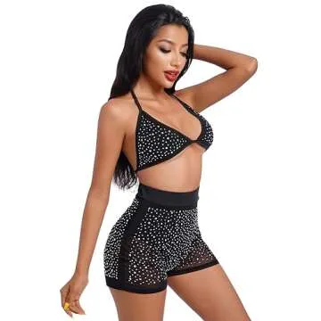 Women's Mesh Sheer Sparkle Rhinestone Bikini Sets Halter Bikini Bra Top High Waist Shorts Bottom Bathing Suit Rave Outfits Black X-Large