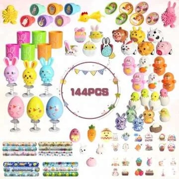 Misurel 144 Pcs Easter Egg Fillers for Kids, Easter Basket Stuffers for Toddler, Easter Gifts for Girls Boys Easter Eggs Stuffers Easter Toys Bunny Easter Party Favor Small Toys for Easter Eggs