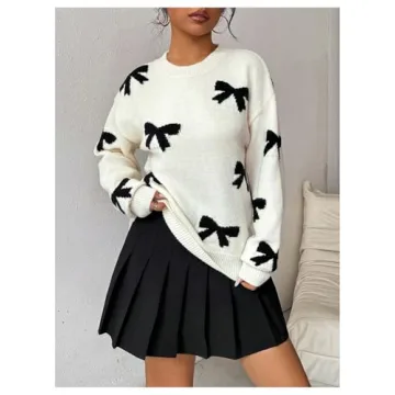 GORGLITTER Women's Vintage Bow Knit Sweater - Soft & Stylish