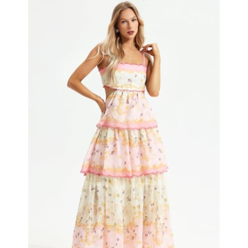 Jardinvue Pink Bow Knot Elegant Floral Dress for Women