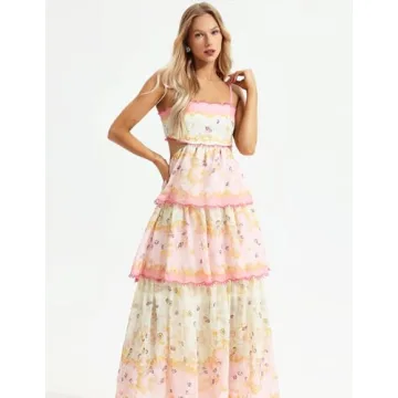 Jardinvue Pink Bow Knot Elegant Floral Dress for Women