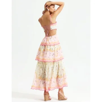 Jardinvue Pink Bow Knot Elegant Floral Dress for Women