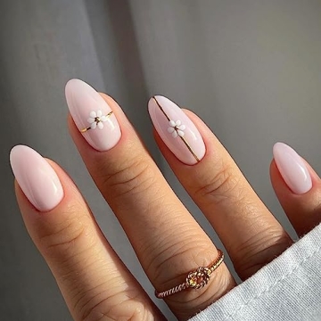 SIXDIAN Pink Short Press on Nails Almond Fake Nails with Flower Design, Light Pink Short Oval Shape ...