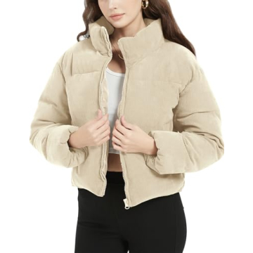 Flygo Women's Cropped Corduroy Puffer Jacket - Stylish & Warm Winter Coat