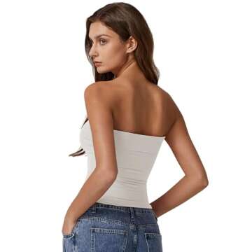 QINSEN Foldover Bandeau Tops for Women Double Lined Basic Sleeveless Going Out Tube Tops Beige M