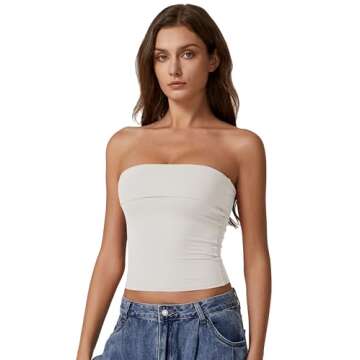 QINSEN Foldover Bandeau Tops for Women Double Lined Basic Sleeveless Going Out Tube Tops Beige M