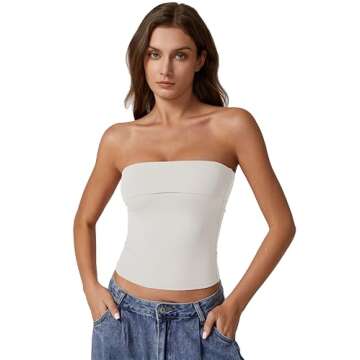 QINSEN Foldover Bandeau Tops for Women Double Lined Basic Sleeveless Going Out Tube Tops Beige M