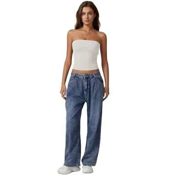 QINSEN Foldover Bandeau Tops for Women Double Lined Basic Sleeveless Going Out Tube Tops Beige M