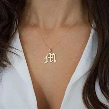 IEFSHINY Old English Initial Necklace for Women, Dainty Gothic Letter A Necklace Old English Initial 14k Gold Plated Old English Initial Necklace for Women