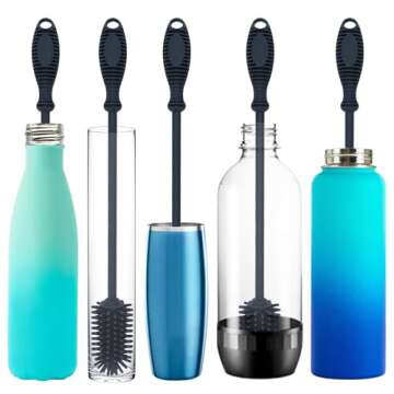 Kitchiny 12.5" Silicone Bottle Brush and Straw Cleaner Brush Set | Bottle Cleaner Brush for Hydroflasks, Insulated Sports Bottles, Straws | Water Bottle Brush Cleaner for Narrow Neck containers