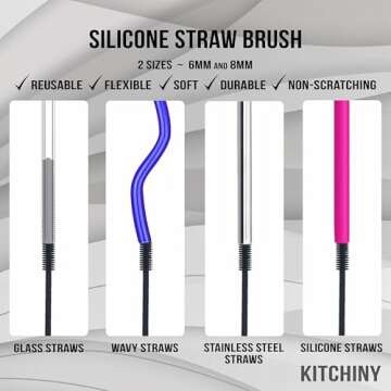 Kitchiny 12.5" Silicone Bottle Brush and Straw Cleaner Brush Set | Bottle Cleaner Brush for Hydroflasks, Insulated Sports Bottles, Straws | Water Bottle Brush Cleaner for Narrow Neck containers