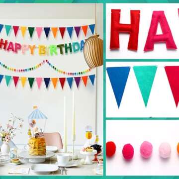 Pre-Strung Happy Birthday Banner, Felt Ball Garland HAPPY BIRTHDAY Garland, Rainbow Birthday Decorations Birthday Decor Party Pennant, Multicolor Bunting String Triangle Flags Bulk Rainbow Bunting