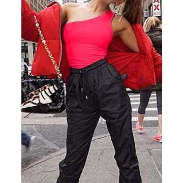 Kelisky MISSACTIVER Women's Sexy One Shouler Sleeveless Solid One Piece Bodysuit (M, Neon Hot Pink)