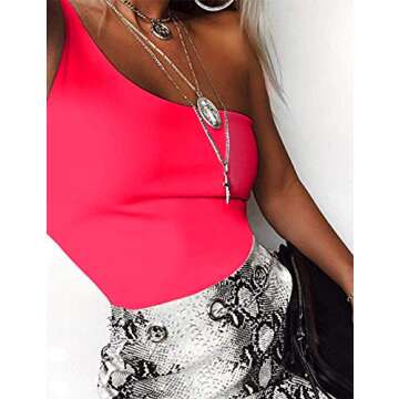 Kelisky MISSACTIVER Women's Sexy One Shouler Sleeveless Solid One Piece Bodysuit (M, Neon Hot Pink)
