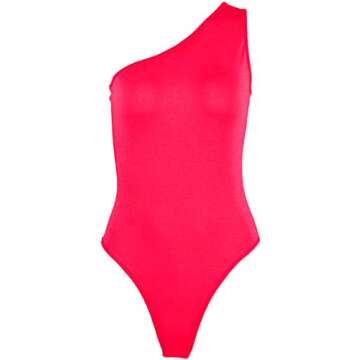 Kelisky MISSACTIVER Women's Sexy One Shouler Sleeveless Solid One Piece Bodysuit (M, Neon Hot Pink)