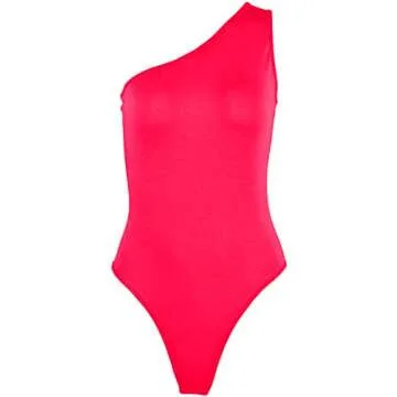 Kelisky MISSACTIVER Women's Sexy One Shouler Sleeveless Solid One Piece Bodysuit (M, Neon Hot Pink)