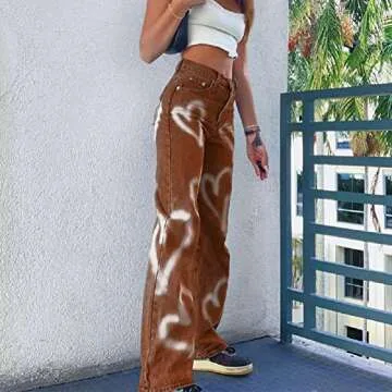 Fashion Women High Waisted Pants Wide Leg Straight Loose Denim Jeans Casual Baggy Trousers Y2K E-Girl Streetwear (Brown, XL)