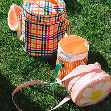 ban.do Super Chill Convertible Rainbow Plaid Cooler Bag with Removable Strap and Water Resistant Leatherette, Block Party