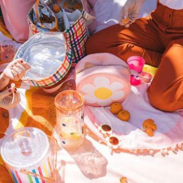 ban.do Super Chill Convertible Rainbow Plaid Cooler Bag with Removable Strap and Water Resistant Leatherette, Block Party