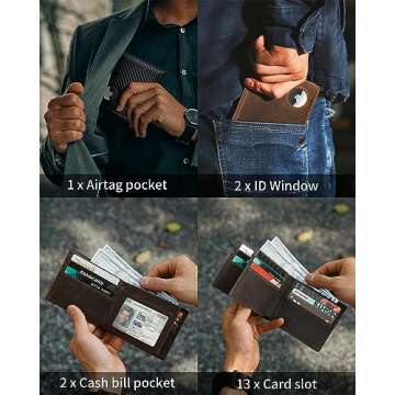 Mens Wallet With AirTag Holder, Bifold Leather RFID Blocking 1 ID Windows 13 Card Holders, Gift Box and Screen Protector Included, AirTag Not Included