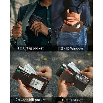 Mens Wallet With AirTag Holder, Bifold Leather RFID Blocking 1 ID Windows 13 Card Holders, Gift Box and Screen Protector Included, AirTag Not Included