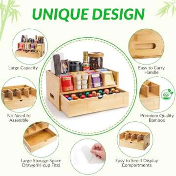 Coffee Bar Organizer for Countertop with drawer - Coffee Station Organizer for Countertop - Drawer for K-cup,Tea Condiment - Bamboo kitchen decor for home and office