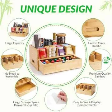 Coffee Bar Organizer for Countertop with drawer - Coffee Station Organizer for Countertop - Drawer for K-cup,Tea Condiment - Bamboo kitchen decor for home and office