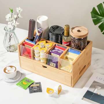 Coffee Bar Organizer for Countertop with drawer - Coffee Station Organizer for Countertop - Drawer for K-cup,Tea Condiment - Bamboo kitchen decor for home and office