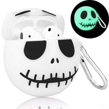 Joyleop(Luminous Skull) Compatible with Airpods 1/2 Case Cover,Girls Boys Teens 3D Cute Cartoon Funny Fun Cool Kawaii Fashion Chic,Silicone for Airpod Character Design Skin Keychain Air pods Case