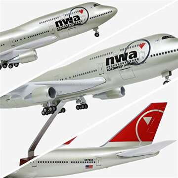 24-Hours 18” 1:130 Scale Airplane Model American Northwest 747 Plane Model with LED Light(Touch or Sound Control) for Decoration or Display