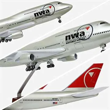 24-Hours 18” 1:130 Scale Airplane Model American Northwest 747 Plane Model with LED Light(Touch or Sound Control) for Decoration or Display