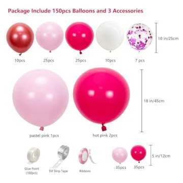SANERYI Pink Balloon Arch Kit, 150pcs Hot Pink and White Confetti Balloons Garland for Happy Birthda...