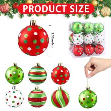 DIYDEC 18pcs Christmas Balls Ornament 2.4 Inch Glittering Hanging Xmas Balls for Tree Decoration Swirl Candy Cane Elf Balls Red Green Plastic Christmas Baubles for Home Indoor Holiday Party Decor