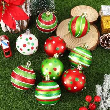 DIYDEC 18pcs Christmas Balls Ornament 2.4 Inch Glittering Hanging Xmas Balls for Tree Decoration Swirl Candy Cane Elf Balls Red Green Plastic Christmas Baubles for Home Indoor Holiday Party Decor
