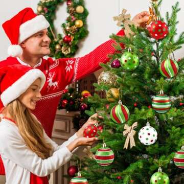 DIYDEC 18pcs Christmas Balls Ornament 2.4 Inch Glittering Hanging Xmas Balls for Tree Decoration Swirl Candy Cane Elf Balls Red Green Plastic Christmas Baubles for Home Indoor Holiday Party Decor