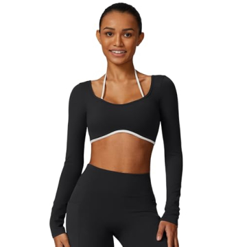 ABOCIW Women Workout Long Sleeve Crop Top Open Back Padded Low Impact Backless Yoga Gym Athletic Shi...